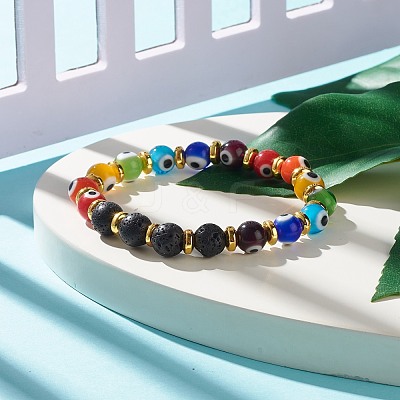 Round Evil Eye Lampwork & Natural Lava Rock Beaded Stretch Bracelet BJEW-JB07870-1