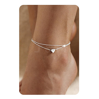201 Stainless Steel Heart with Initial Charm Double Layer Anklets for Women FS-WG0EC0A-12-1