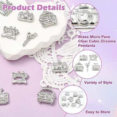 10Pcs 5 Styles Brass Micro Pave Clear Cubic Zirconia Pendants KK-CJ0004-26P-1