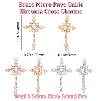 6Pcs 3 Colors Brass Pave Clear Cubic Zirconia Connector Charms ZIRC-BBC0001-90-1