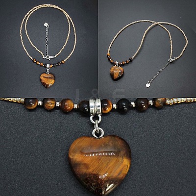 Natural Gemstone Heart Pendant Colorful Glass Seed Beads Beaded Necklaces for Women VA8487-4-1