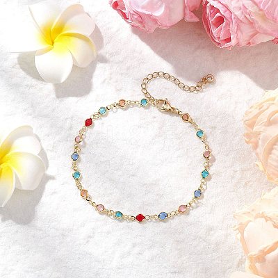 Brass & Glass Colorful Flat Round Link Chain Anklets AJEW-AN00731-1