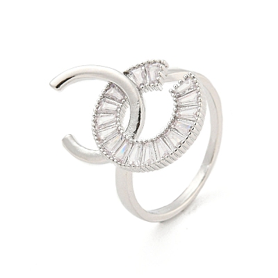 Letter C Brass Micro Pave Clear Cubic Zirconia Open Cuff Rings RJEW-G309-34P-1