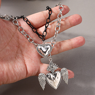 Duo Tone Alloy Heart with Angel Wings Pendant Double Layer Necklaces for Women WGB1CA0-01-1