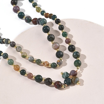 Saint Patrick's Day Natural Indian Agate Clover Pendant Round Beaded Necklaces with Brall Heart OT Clasps NJEW-G202-02G-01-1