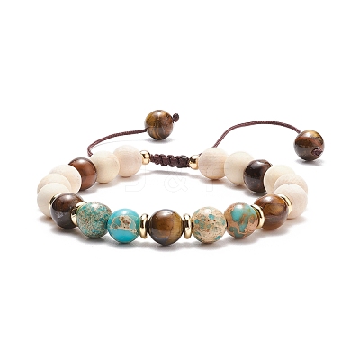 Natural Wood & Imperial Jasper(Dyed) & Tiger Eye Braided Beaded Bracelet BJEW-JB08210-1