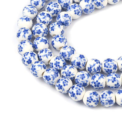 Handmade Flower Printed Porcelain Ceramic Beads Strands LS-PORC-M006-8mm-10-1