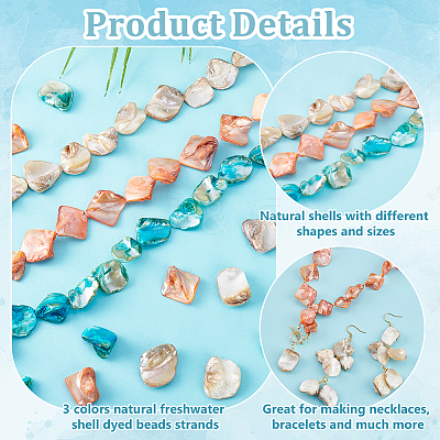 6 Strands 3 Colors Natural Freshwater Shell Dyed Beads Strands SHEL-PH0001-60-1