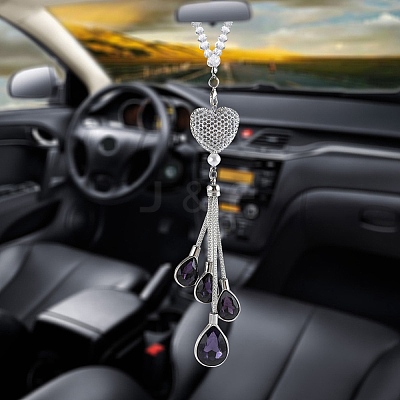 Alloy Heart with Rhinestone Teardrop Tassel Pendant Decorations AUTO-PW0001-16F-1