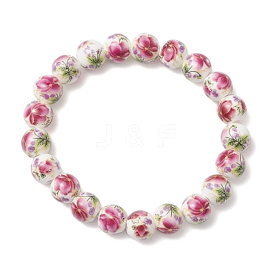 Handmade Flower Printed Porcelain Ceramic Beaded Stretch Bracelets BJEW-JB11910-01-1