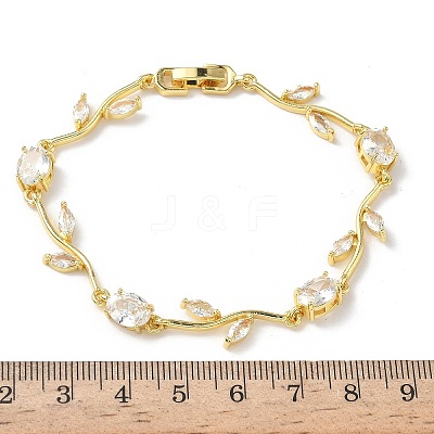 Brass Micro Pave Cubic Zirconia Oval & Leaf Link Chain Bracelets for Women BJEW-G764-05G-02-1