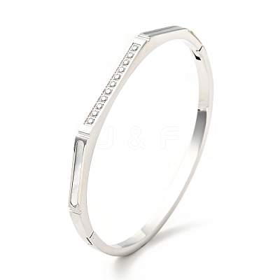 Shell Oval and Cubic Zirconia Hinged Bangle BJEW-G644-01-1