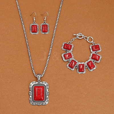 Rectangle Alloy with Synthetic Turquoise Pendant Necklaces & Dangle Earrings & Link Bracelets Sets WGD1135-12-1