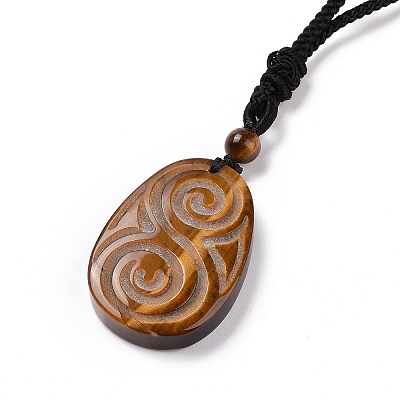 Adjustable Natural Mixed Gemstone Teardrop with Spiral Pendant Necklace with Nylon Cord for Women NJEW-L171-04-1