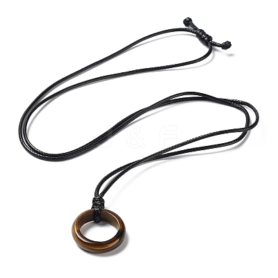 Natural Tiger Eye Ring Pendant Necklace with Waxed Cords NJEW-R262-01B-07-1