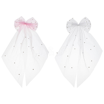 2Pcs 2 Colors Bowknot Long Mesh Tulle Bridal Veils with Hair Barrettes & Imitation Pearl OHAR-GO0001-10-1