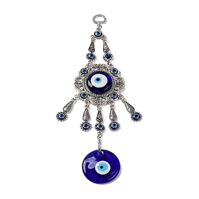 Blue Flat Round with Evil Eye Lampwork Pendant Decoration HJEW-Z005-02AS-1