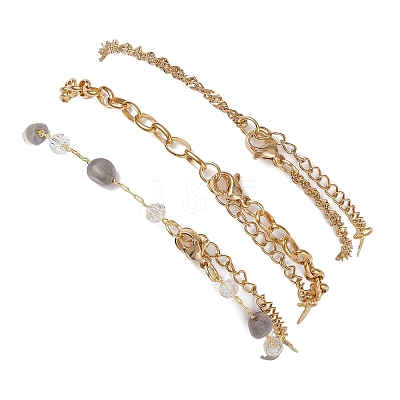 Natural Morganite Nuggets & 304 Stainless Steel Link Chain 3 Layer Anklets for Women AJEW-AN00743-02-1