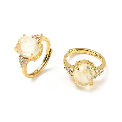Brass Micro Pave Cubic Zirconia with Synthetic Lemon Quartz Cuff Open Rings RJEW-T035-01G-A-1