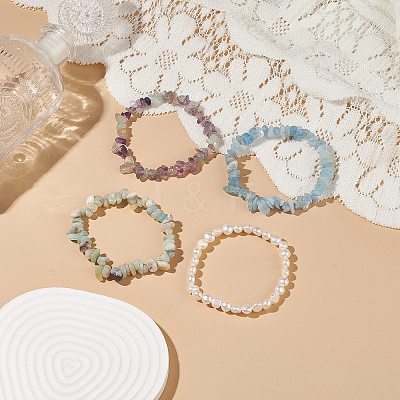 4Pcs 4 Style Natural Pearl & Mixed Gemstone Chips Beaded Stretch Bracelets Set BJEW-JB08915-1