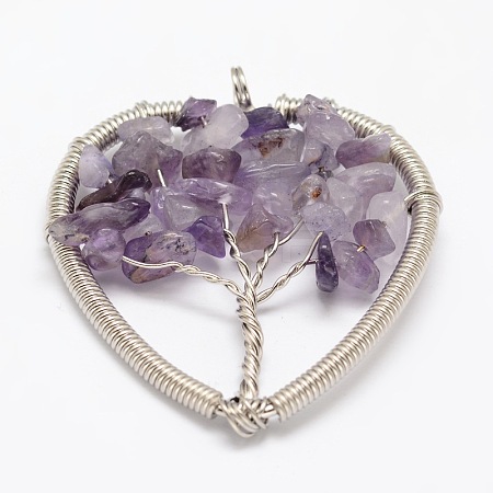 Tree of Life Natural Amethyst Bead Brass Wire Wrapped Heart Big Pendants KK-L136-04E-NR-1