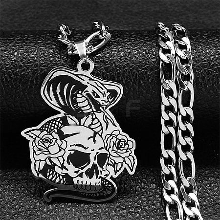 Snake with Skull 304 Stainless Steel Pendant Necklaces NJEW-K253-30P-1