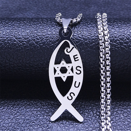 201 Stainless Steel Religion Jesus Fish Pendant Necklaces NJEW-H065-05P-1