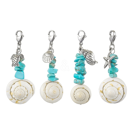 4Pcs 4 Styles Sea Animal Alloy & Natural Shiva Eye Shell Pendant Decorations HJEW-JM02013-1