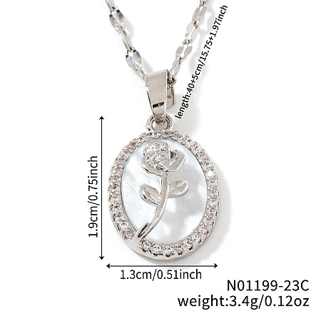 Elegant Brass Clear Cubic Zirconia Rose Oval Pendant Necklaces XA5195-1