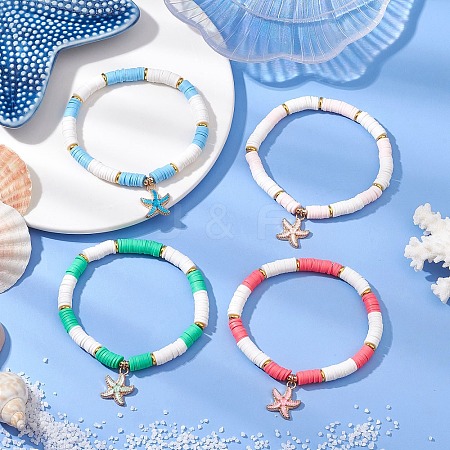 4Pcs Flat Round Handmade Polymer Clay Beads Beaded Stretch Bracelets for Women BJEW-TA00582-1