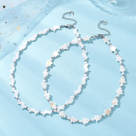 2Pcs 2 Styles Natural White Shell & Brass Moon Star Beaded Necklaces NJEW-JN05854-1