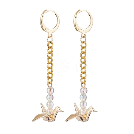 Origami Crane Brass Chain Dangle Earrings with Acrylic Beads EJEW-JE05887-1