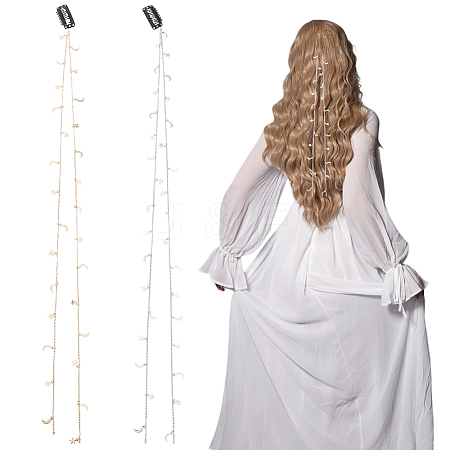 2Pcs 2 Colors Metal Hair Chain with Moon & Star Charms and Iron Hair Combs Clips OHAR-GF0001-35-1