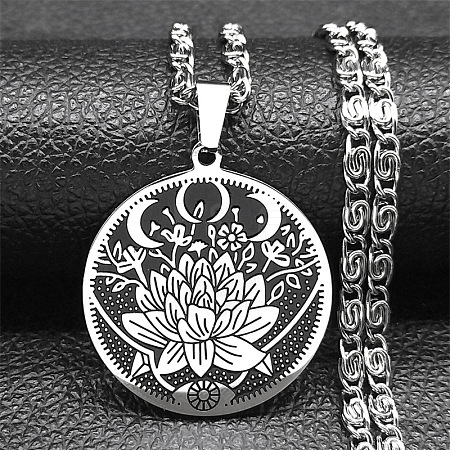 304 Stainless Steel Lunar Lotus Talisman Pendant Necklaces NJEW-S007-21P-1