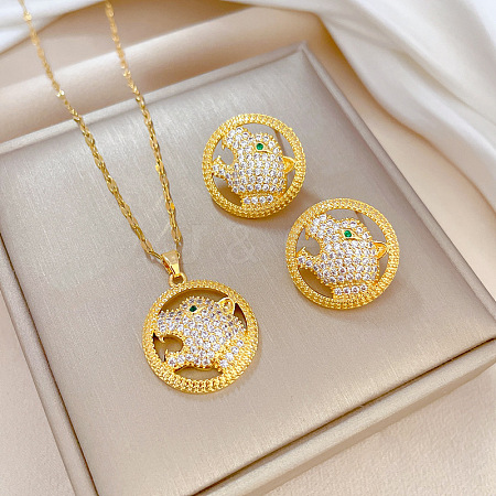 Brass Micro Pave Cubic Zirconia Pendant Necklace & Stud Earrings WG7AC39-25-1