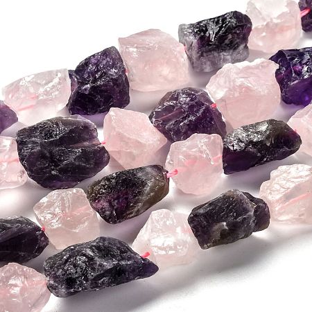 Rough Raw Natural Rose Quartz & Amethyst Beads Strands G-J388-04-1