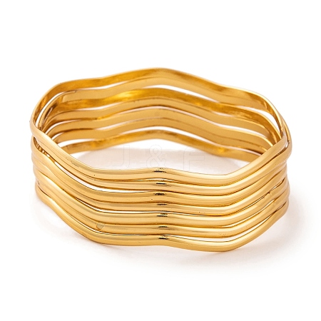 7Pcs Vacuum Plating 304 Stainless Steel Wave Bangles Set for Women BJEW-A011-10A-G-1