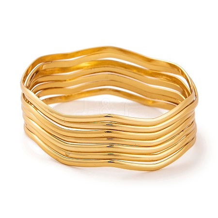 7Pcs PVD Vacuum Plating 304 Stainless Steel Wave Bangles Set for Women BJEW-A011-10A-G-1