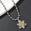 Brass Pave Pink and Clear Cubic Zirconia with Enamel Flower Pendant Ball Chain Necklaces NJEW-G183-04P-2