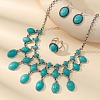 Oval Bohemian Style Synthetic Turquoise Pendant Necklaces & Dangle Earrings & Rings Sets FS-WG356F5-01-2