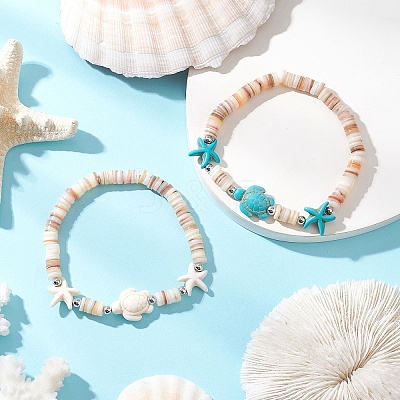 2Pcs Sea Turtles & Starfish Dyed Synthetic Turquoise Beads Stretch Bracelets BJEW-JB11881-1