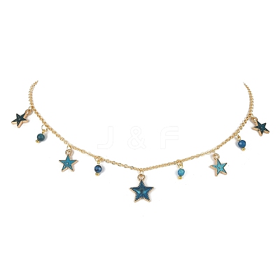 Natural Agate Round & Alloy Enamel Star Charms Bib Necklace with 304 Stainless Steel Chains NJEW-JN04404-03-1