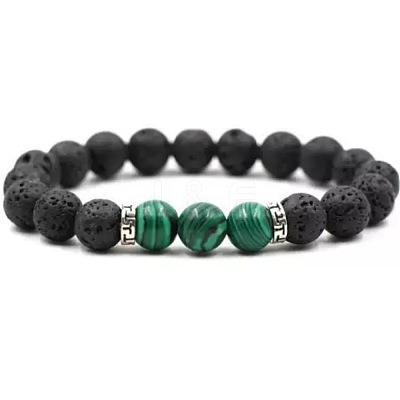 8MM Round Synthetic Malachite and Natural Lava Rock Beaded Stretch Bracelets for Couples BW4110-2-1