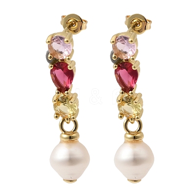 Round Brass Micro Pave Cubic Zirconia Dangle Stud Earrings EJEW-L311-01G-01-1