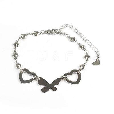 Tarnish Resistant 304 Stainless Steel Butterfly and Heart Link Bracelets BJEW-I184-38-1