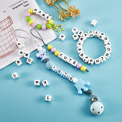 20Pcs White Cube Letter Silicone Beads 12x12x12mm Square Dice Alphabet Beads with 2mm Hole Spacer Loose Letter Beads for Bracelet Necklace Jewelry Making JX432S-1