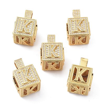 Alphabet Brass Micro Pave Clear Cubic Zirconia Pendants ZIRC-O045-01G-K-1
