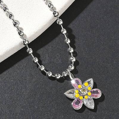 Brass Pave Pink and Clear Cubic Zirconia with Enamel Flower Pendant Ball Chain Necklaces NJEW-G183-04P-1