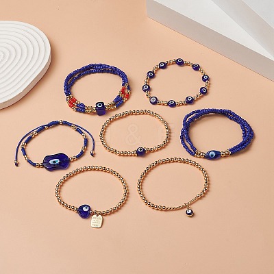 7Pcs 7 Style Evil Eye Lampwork & Glass Seed & Brass Beaded Stretch Bracelets Set for Women BJEW-JB09249-03-1