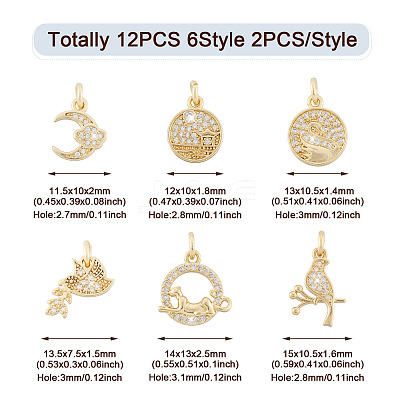 12Pcs 6 Style Brass Micro Pave Clear Cubic Zirconia Charms KK-FW0001-11-1